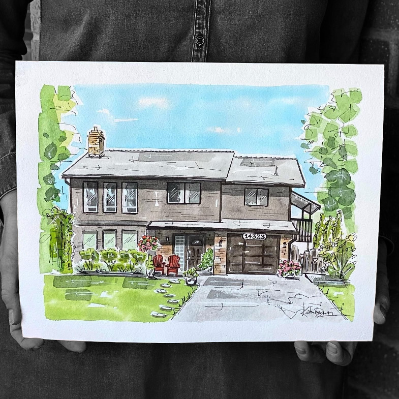 Home Portrait of a home in White Rock, B.C. Watercolour sketch by artist Katrina Dawn