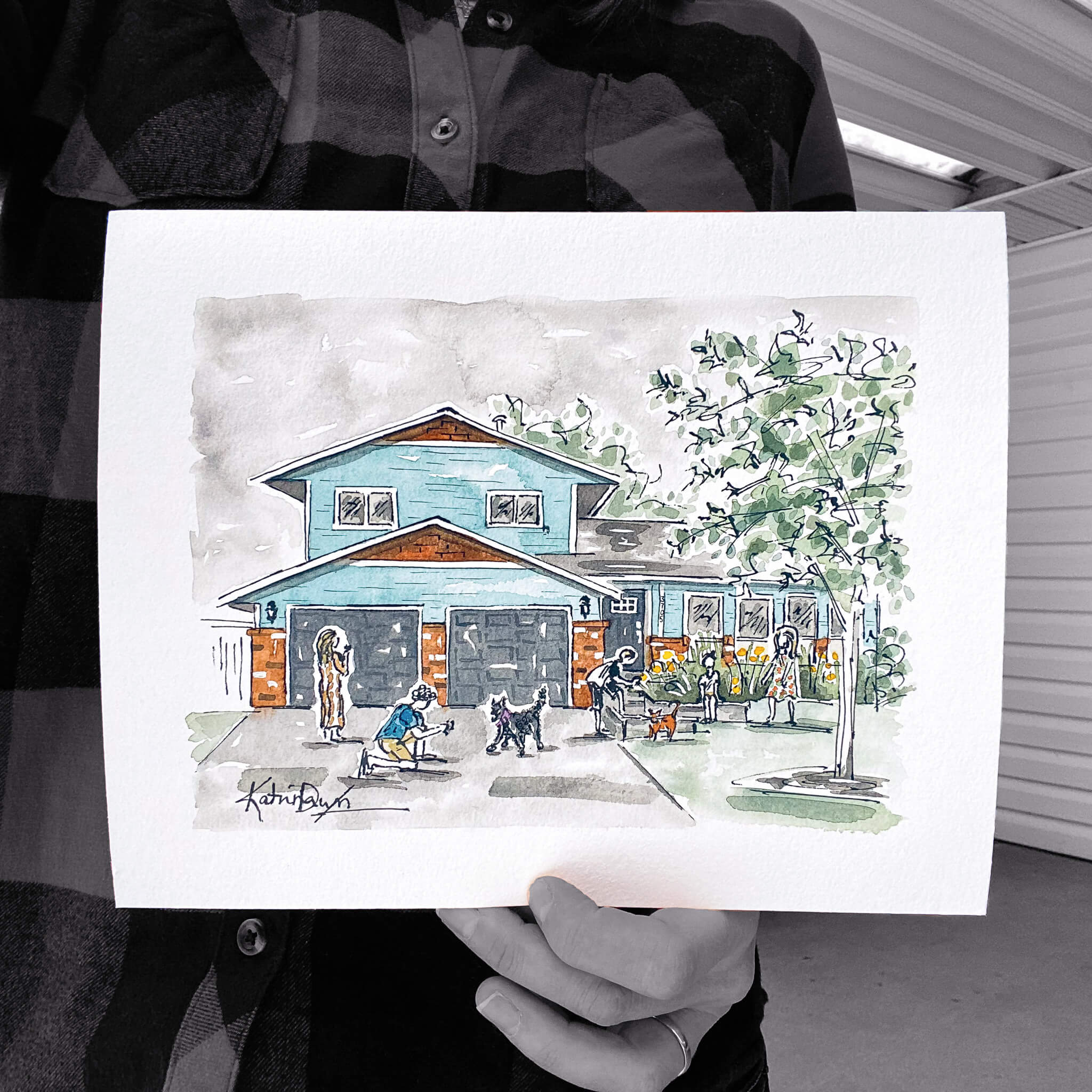 Home Portrait of Abbotsford Home, watercolour sketch by artist Katrina Dawn