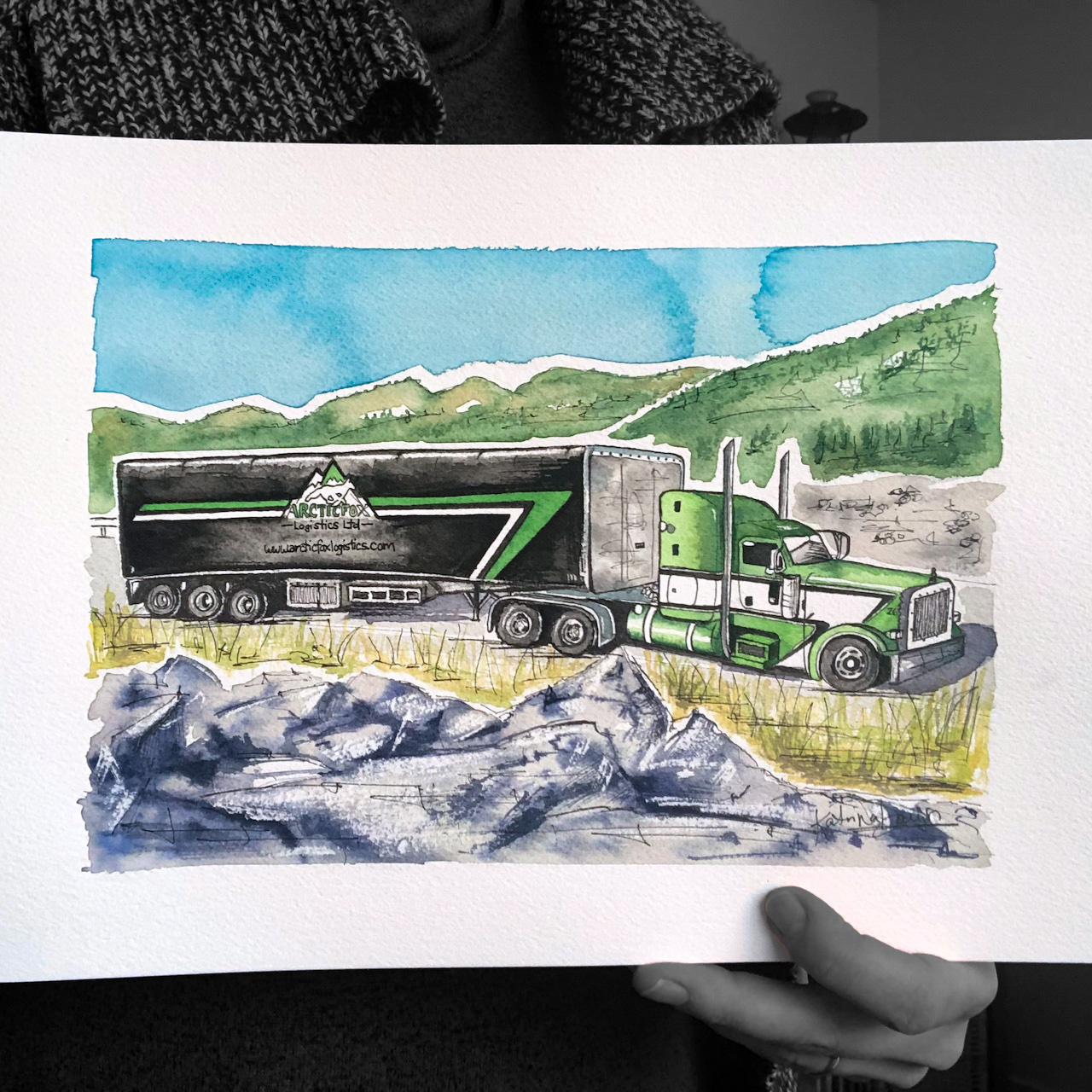 Commission of long haul truck by watercolour artist Katrina Dawn