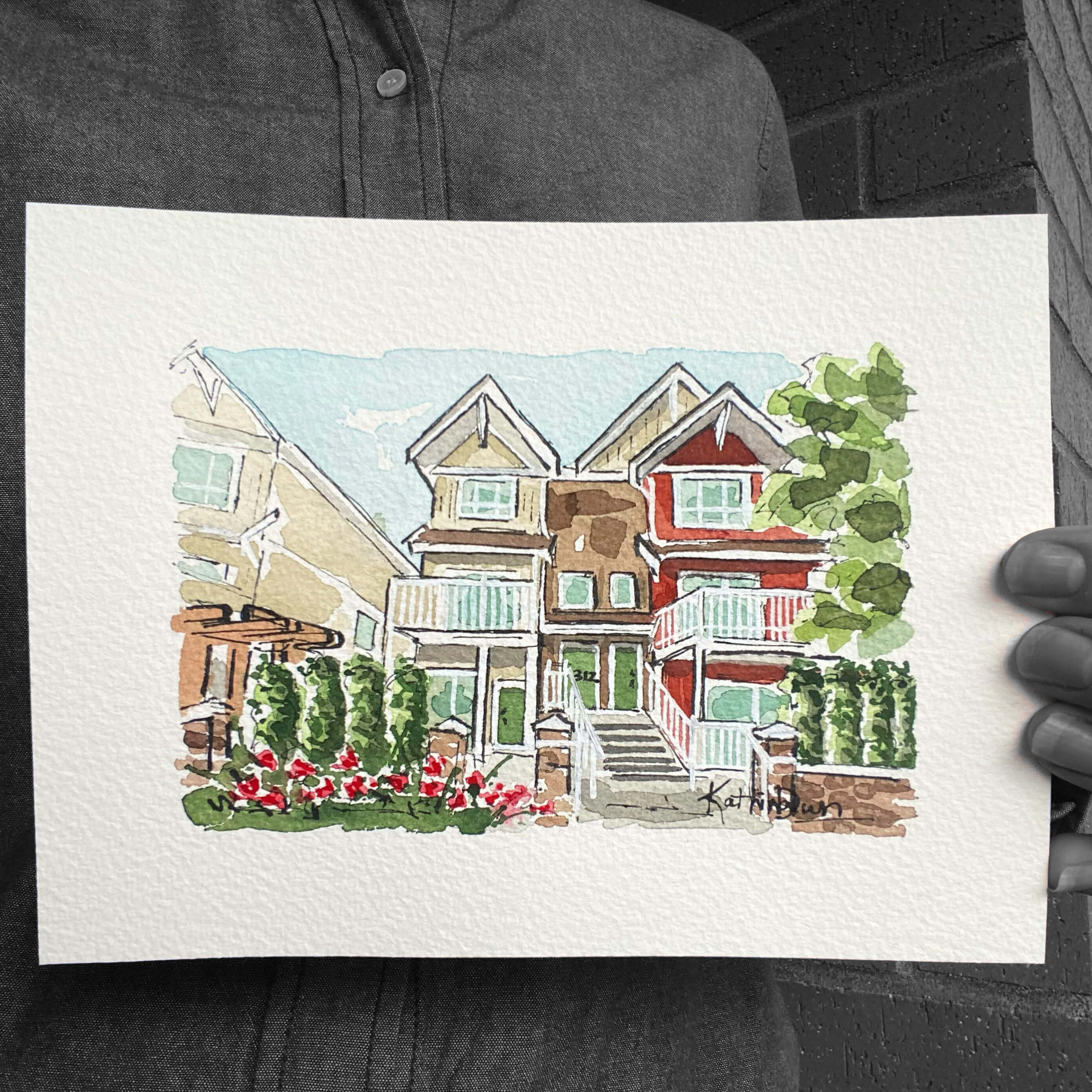 Townhouse Home Portrait by watercolor artist Katrina Dawn