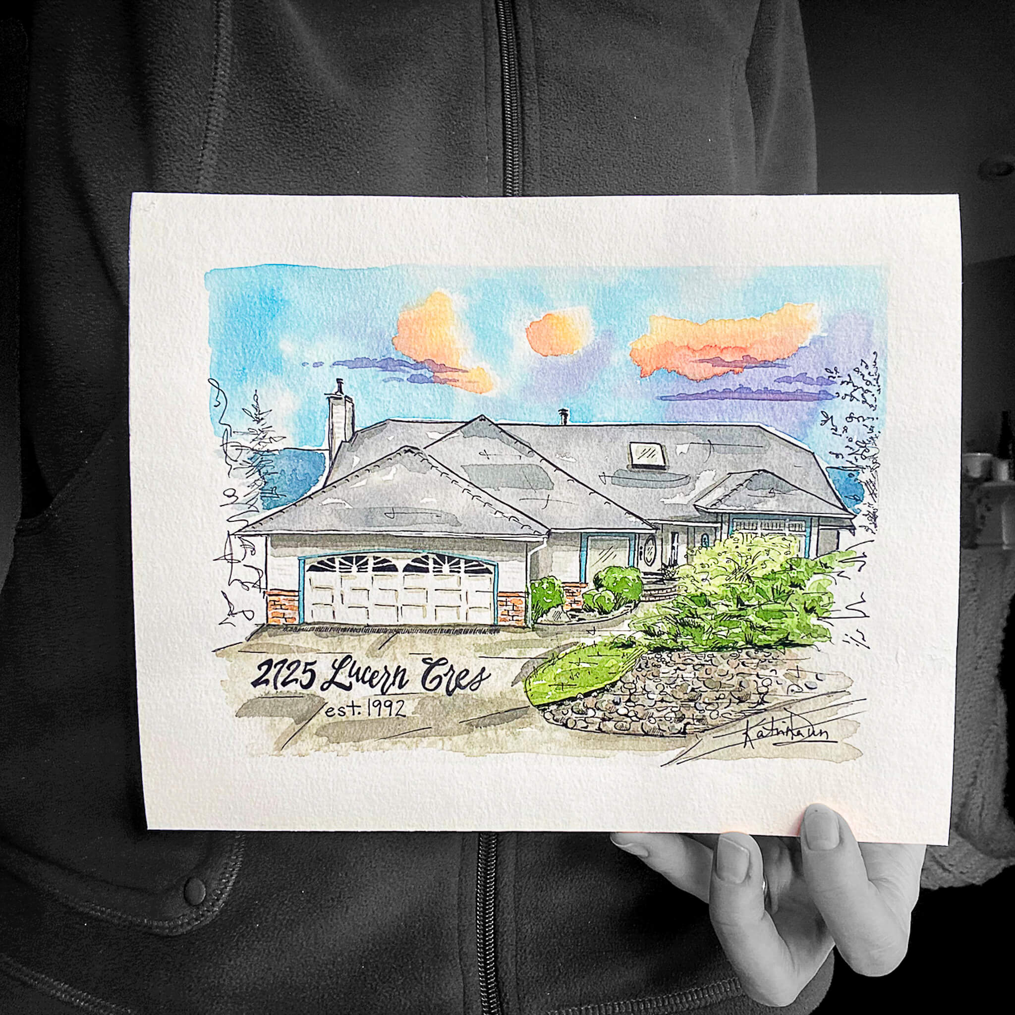 Home Portrait as Realtor's Gift of Abbotsford Home, watercolour sketch by artist Katrina Dawn