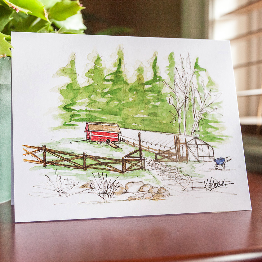 KatrinaDawn watercolour sketch of a roaming chicken coop on a farm