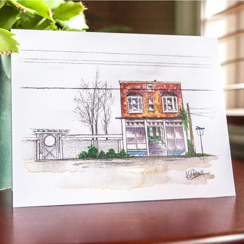 KatrinaDawn watercolour and ink sketch of the Clayburn Village Store in Abbotsford.