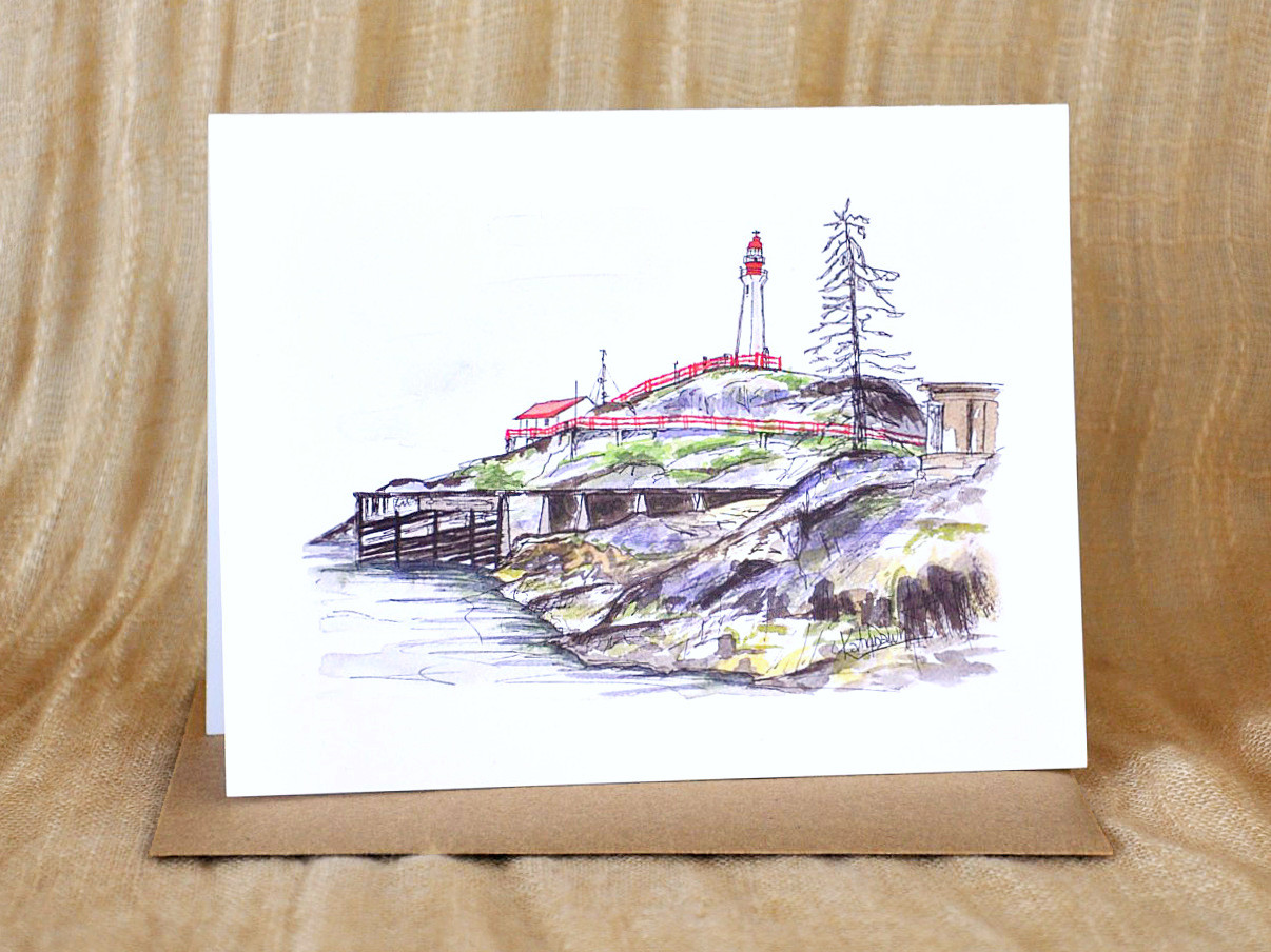 KatrinaDawn watercolour and ink sketch of Lighthouse Park in West Vancouver, shown with a kraft paper envelope.