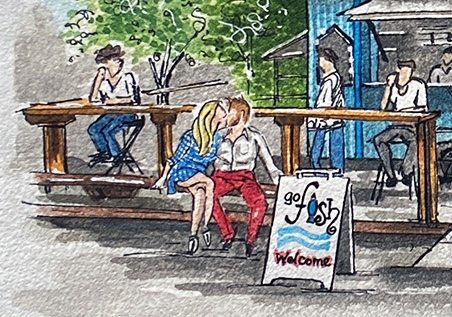 Custom wedding portrait painting incorporating people into a meaningful place