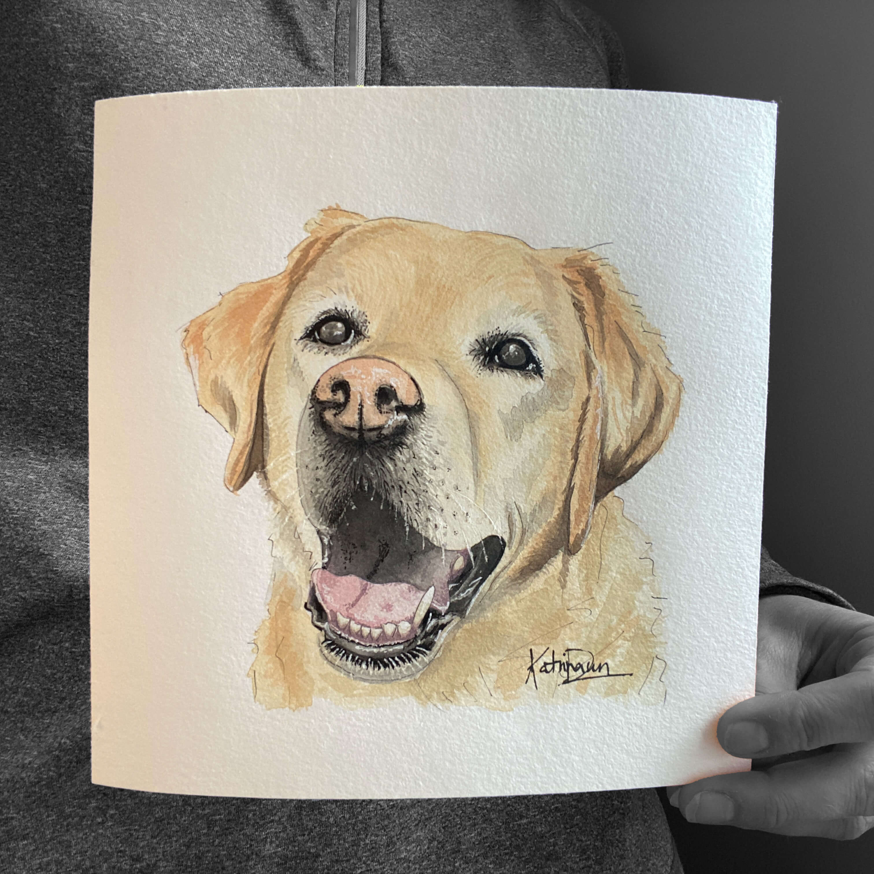 Pet Portrait of Golden Lab by watercolour sketcher Katrina Dawn